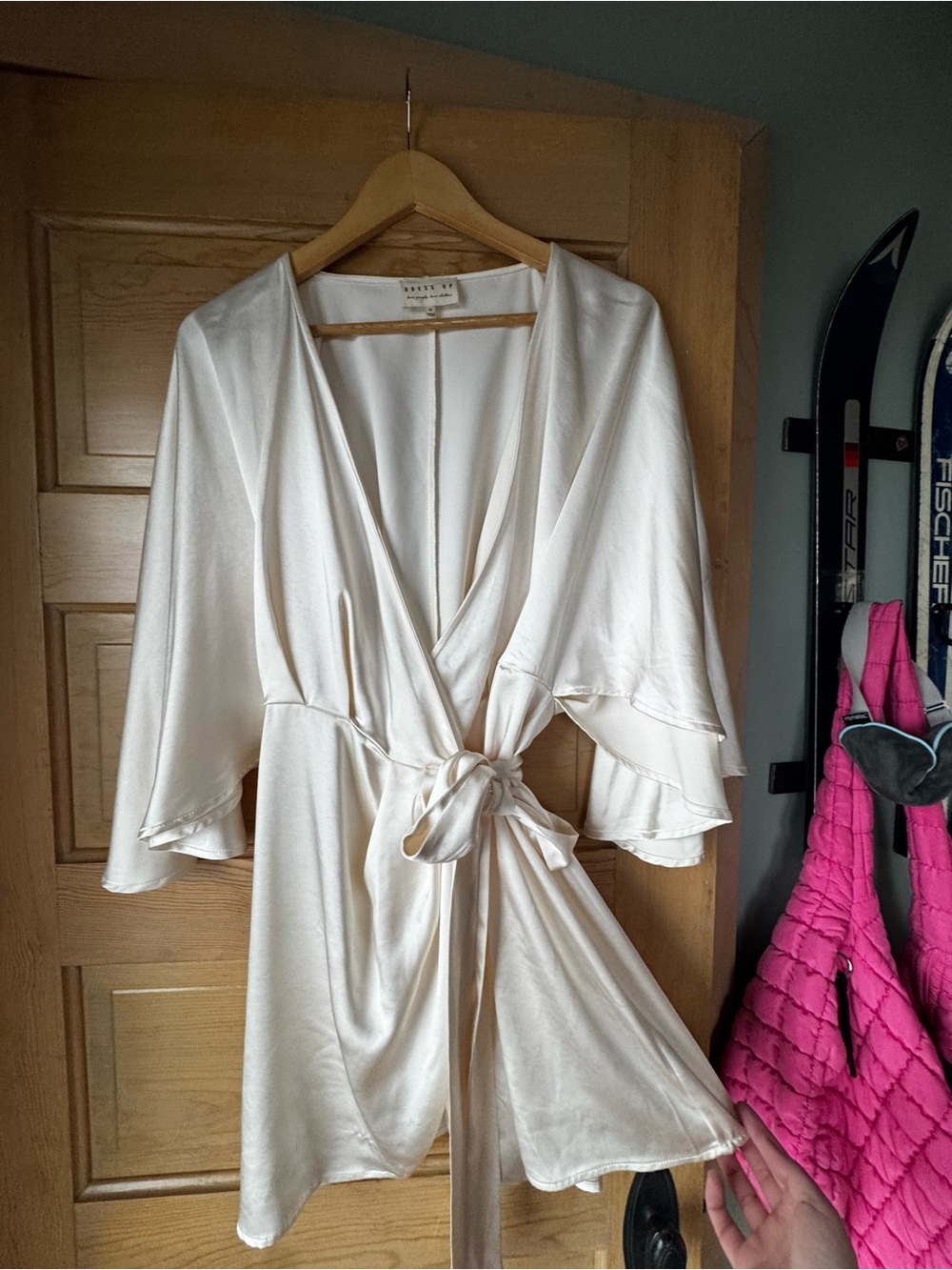 NWOT M V-Neck Cream Satin Bridal Wrap Dress